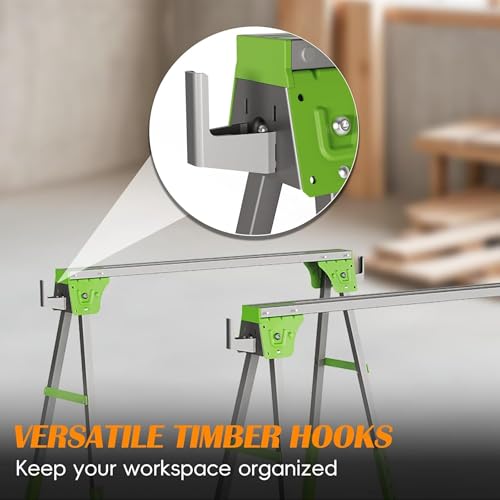 Image of Adjustable Height Sawhorse 2 Pack, Folding Portable Saw Horses with 30-34 inch Adjustable Legs, Heavy Duty Steel Pro Bench Saw Horse for Woodworking, Carpenters, Contractors, Fully Assembled (green)