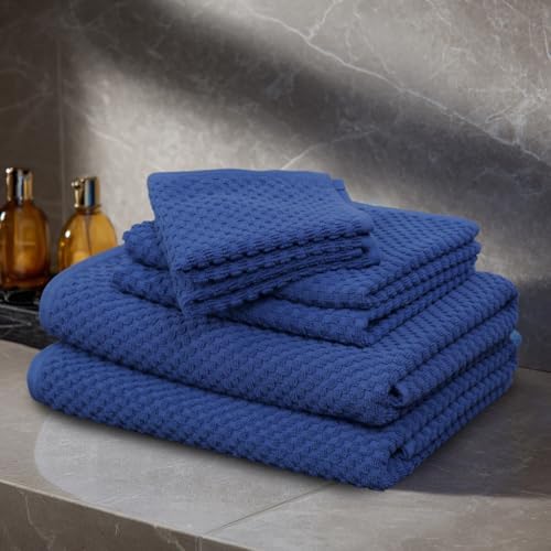 COTTON CRAFT Waffle 6 Piece Towel Set - 100% Cotton - 2 Oversized Luxury Euro Spa Waffle Weave Large Bath Towels, 2 Hand Towels, 2 Washcloths - Absorbent Quick Dry Hotel Bathroom Shower Pool - Blue