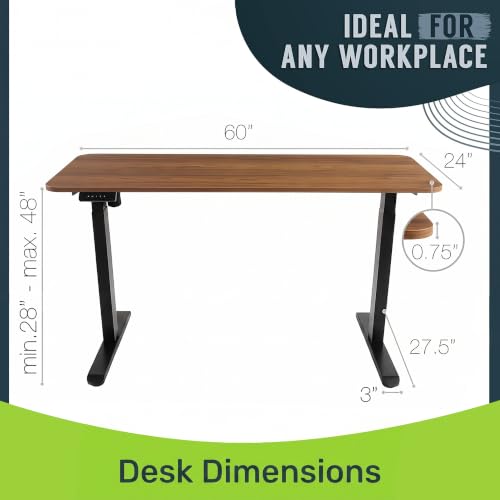 Image of TechOrbits Electric Standing Desk Frame 60 x 24 Inch Tabletop - Motorized Workstation Two Leg Stand Up Desk with Memory Settings and Telescopic Sit Stand Height Adjustment (Black Frame /Wood BrownTop)