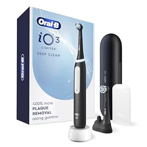 Oral-B Rechargeable Electric Toothbrush, iO3 Limited Deep Clean, 3 Cleaning Modes, Visual Pressure Sensor to Protect Gums, 2 Brush Heads, Travel Case, Black
