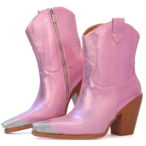 Image of Cowboy Ankle Boots for Women Engraved Steel Toe Cowgirl Boots Stacked Block Heels Short Cowboy Boot Fashion Dressy Western Country Booties