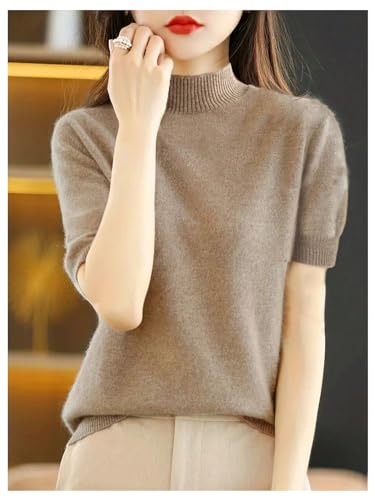Image of Floerns Women's Casual Rib Knit Short Sleeve Mock Neck Pullover Sweater Top Khaki Large