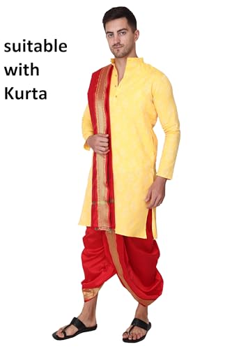 Image of Rameshwaram Fabrics Readymade Dhoti for Men, Velcro Style Stitched Mens Silk Dhoti Pant with Stole Set