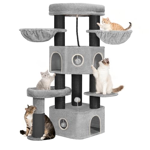 Hzuaneri Arbre à Chat, 163 cm, Poteaux en Sisal de 11 cm D'épaisseur, Niche, Plateforms, Balle en Peluche, Brosse pour Chat, Griffoir à Plusieurs Niveaux,...