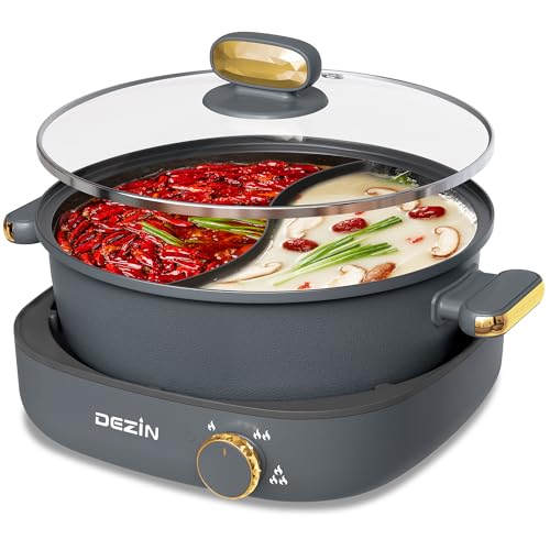 Dezin Hot Pot Electric with Divider, 4L Electric Shabu Shabu with Dual-Flavor Pot,3.7″ Depth Nonstick Dual Side Electric Pot with Multi-Power Control for Party, Family and Friend Gathering