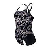 El traje de baño para mujer Speedo ECO+ Hyper Boom Allover Medalist tiene las siguientes características: El traje de baño para mujer Speedo ECO+ Hyper Boom Allover Medalist tiene un diseño distintivo, ofrece mucha libertad de movimiento y es ideal para un entrenamiento regular. Especificaciones: Ajuste: el bañador Speedo es muy ajustado y se adapta a tu cuerpo. Puede que te quede demasiado ajustado, especialmente al principio, pero después de nadar una o dos veces, el bañador se hace una talla más grande. Ten esto en cuenta a la hora de elegir una talla. Modelo: ganador de medallas; ofrece a los hombros mucha libertad de movimiento Color: negro-morado Material: 53% poliéster reciclado, 47%