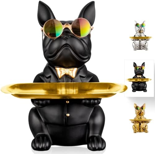 Bwytbwy French Bulldog Statue, Black Dog Butler Statue, Statues for Home Decor, French Bulldog Decor, Resin Bulldog Sculpture Tray, Dog Piggy Bank, Key Tray for Entryway Decor, Black Decor Statue