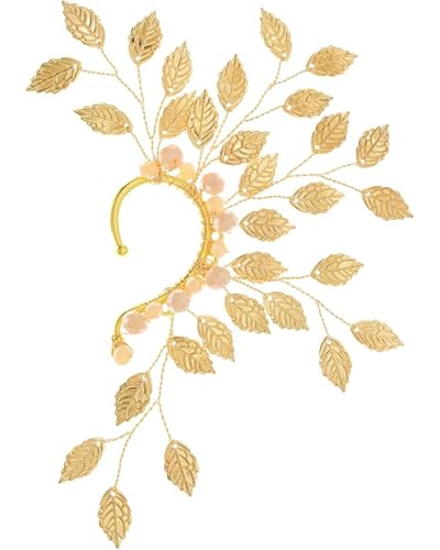 MOPZIJA 1PCS Elfen Ohrringe für Damen Gold, elfenohren,Flügel Elfen Ohren Manschette Ohrclips Damen Ohne Ohrlöcher Perlen Blatt Ohrringe für Elben Kostüm Feenkostüme Frauen Halloween Cosplay