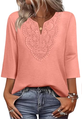 Image of WIHOLL 3 /4 Length Sleeve Womens Tops Boho V Neck Lace Shirt Trendy Blouses Dressy Casual Vacation Clothes S-3XL