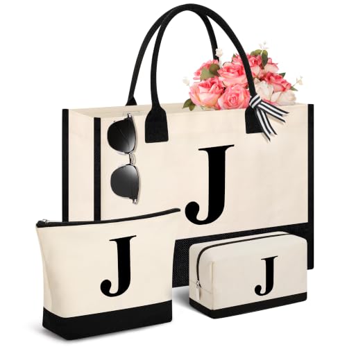 Tecanne - Tecanne Initial Canvas Tote Bag for Women, Monogrammed 3-Piece Gift Bag Set with Makeup Pouch - Best Deal on Amazon