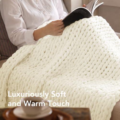 Image of L'AGRATY Chunky Knit Throw Blanket for Couch, 50 x 70 Inches, Cream White