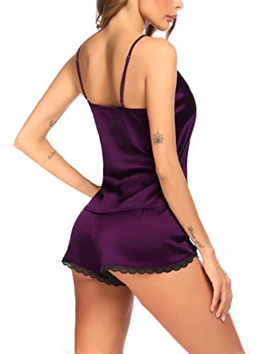 Ekouaer Lingerie For Women Lace Pajamas Sleep Set Silk Pajamas Sets Two Piece Cami And Shorts Sleepwear Wineberry #TOP4