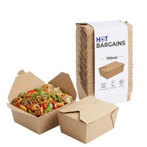 HOT BARGAINS 50 X No.1 / 750ml Takeaway Food Snack Boxes Cardboard Leak Proof Design Biodegradable Kraft Food Containers (130/112x106/90x65mm-750ml/26oz) (50)