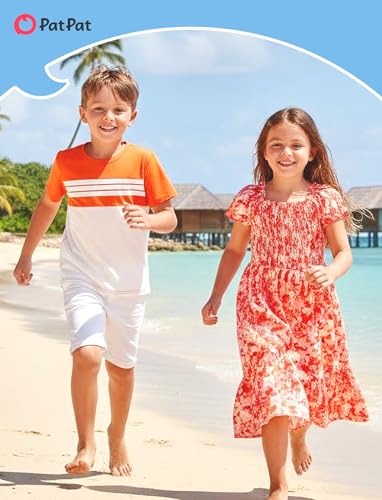 Image of PATPAT Family Matching Outfits Mommy and Me Dresses Floral Dress & T-Shirts | Mommy and Me Easter Dresses, Puff Sleeve Floral Sundress, Cotton Blend T-shirts, Couples Party Wedding Vacation Outfits