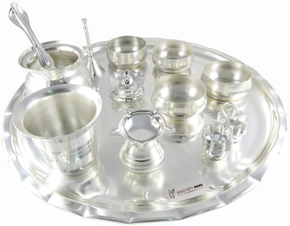 GoldGiftIdeas 12 Inch Sarovar Silver Plated Pooja Thali Set, Pooja Thali Decorative, Diwali Pooja Thali Set for Home, Pooja Itmes for Gift,