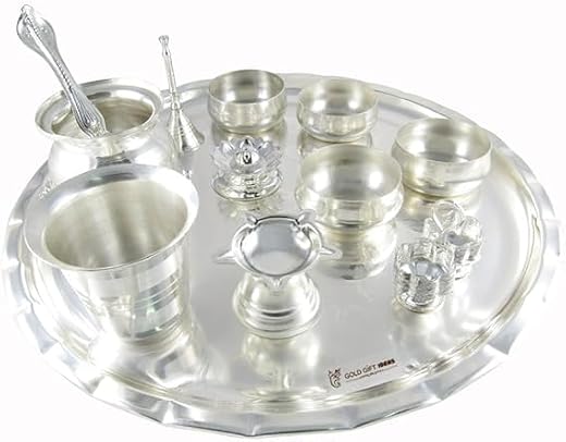GoldGiftIdeas 12 Inch Sarovar Silver Plated Pooja Thali Set, Pooja Thali Decorative, Diwali Pooja Thali Set for Home, Pooj...