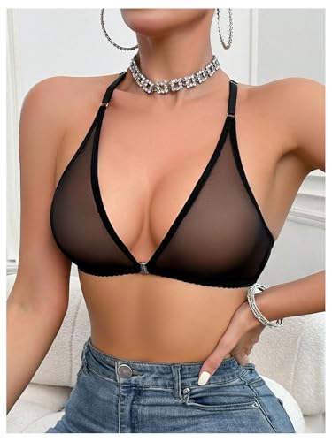 Image of MakeMeChic Lace Bralettes for Women Sexy Bras Sheer Deep V Front Closure Bra