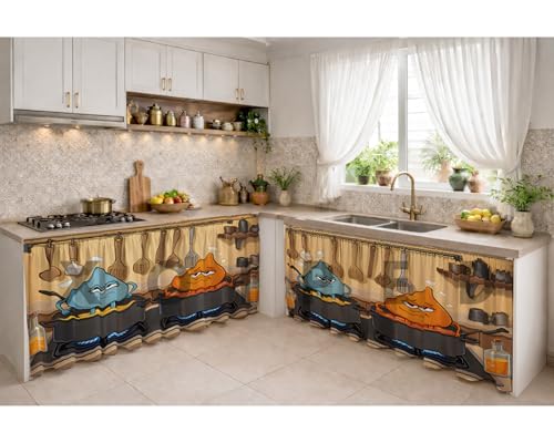 Image of Under Sink & Counter Curtain for Modular Kitchen - Printed Fabric Rod Pocket Hanging Skirt, Washable Under-Counter Cover, Pack of 2 Panels (Each Panel: 150 x 70 cm) (Golu Molu)