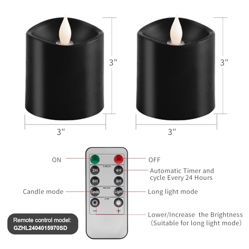 Image of 3x3 Flickering Flameless Candles Set of 2, 2AA Battery Life 600 Hours Battery Candles Flickering with Timer, 3 inch Flameless Candles with Remote for Indoor /Outdoor, Black