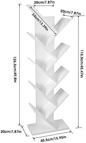 COZYFUN Tree Bookshelf, 9 Floor Standing Shelf Retro Wood Bookcase,Storage Rack for Books/CDs/Movies/ Utility Organizer Shelves for Office Living Room, Bedroom (White)