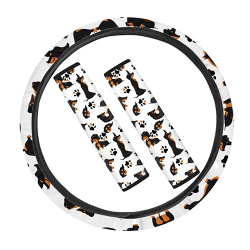 JOAIFO 15 Inch Steering Wheel Cover Cute Set, 3 Pack Seat Belt Cover Pad and Steering Wheel Protector Cover, Dachshund Dog