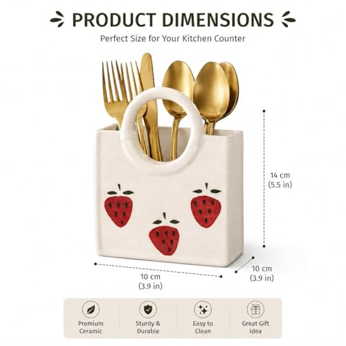 Image of Ceramic Utensil Holder, White Kitchen Organiser, Cutlery Set Holder (Strawberry)