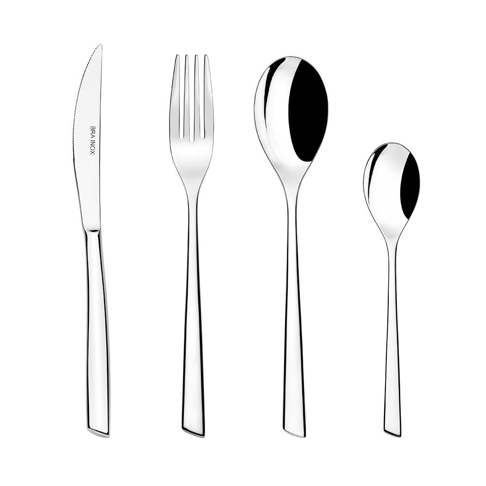 BRA Bari | Set di posate di 24 pezzi di acciaio inossidabile con coltello da bistecca, acciaio inossidabile 18/10, design contemporaneo, finitura lucido brillante, spessore 3.5 mm (6 persone)