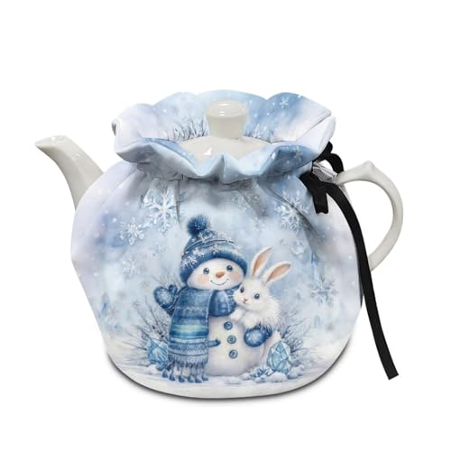 Image of Snowman Rabbit Print Teapot Cozy Breakfast Warmer Soft Fabric Dustproof Tea Pot Cozies Easy to Clean and Portable Christmas Decoration for Home, Blue