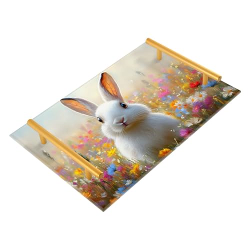 NFMILI Rabbit Flowers Vanity Tray Rectangle Acrylic Bathroom Tray Serving Trays for Centerpieces Modern Home Decor for Kitchen Bathroom Bedroom Living Room 7.9 × 11.8 inch