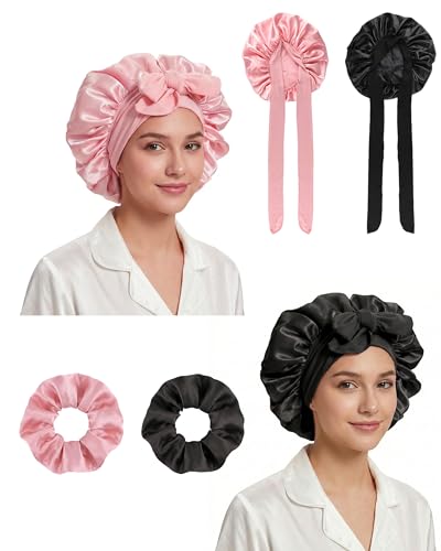 lulir Lot de 2 Bonnet Satin Cheveux Nuit, Bonnet en Satin pour Femmes Cheveux Longs Bouclés, Doux Respirant, Large Bande Ajustable pour Couchage et Maquillage...