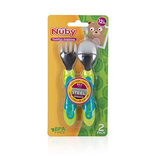 Nuby 2 Piece Stainless Steel Utensil, Blue/Green, 2 Count #TOP5