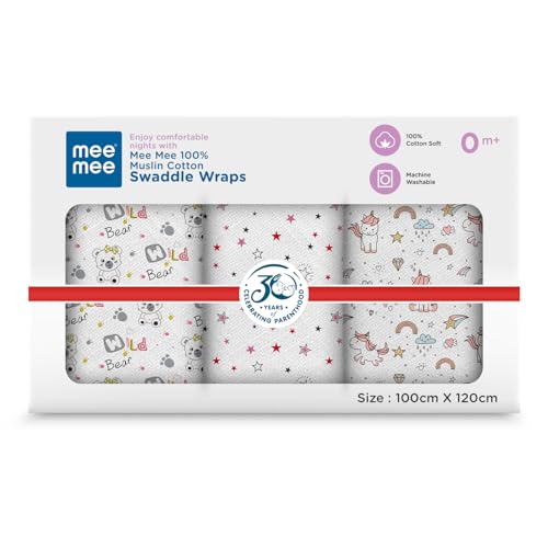 Image of Mee Mee 100% Muslin Cotton Baby Swaddle Wrappers Set (PK-3)| Baby Towel| Soft, Quick-Drying & Highly Absorbent Blanket | Printed Mulmul Swaddle Cloth,Newborn Essentials (Multicolour, 120x100 cm)