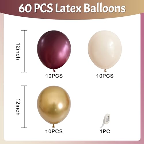 Image of Jobkoo Burgundy Gold Balloons 60 PCS Dark Red Wine White Sand Beige Latex Balloon Maroon Wine Red Metallic Balloons for Women Birthday Baby Shower Wedding Bachelorette Graduation Party Decorations