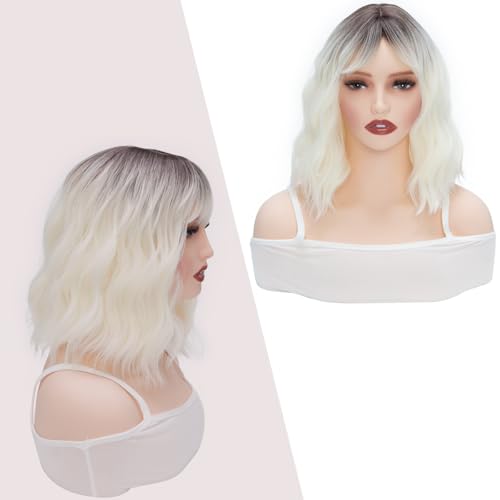 Image of Rose bud Wavy Bob Wig with Bangs Natural Ombre White Blonde Wig Synthetic Hair Shoulder Length Short Curly Wigs for Women