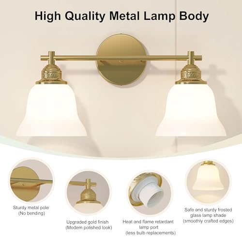 Image of Bathroom Light Fixture, 2-Light Vanity Wall Sconce with Glass Shades, Gold Finish, Light Fixtures Over Mirror for Bathroom, Bedroom, Living Room, Hallway, 18inch