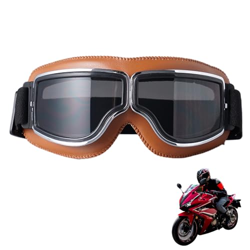 Motocross Brille Windproof Motorcycle Goggles, Vintage Adjustable PU Leder Sonnenbrillen, Retro Radbrille, Helmbrille, Crossbrille, Mountainbike Brille, Fahrrad Brille, (Braunes Leder + graue Gläser)