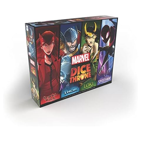 USAopoly Marvel Dice Throne - 4-Hero Box (Scarlet Witch, Thor, Loki, Spider-Man) Board Game Ages 8+ 2-4 Players 30+ Minutes Playing Time, DT011-754-002200-04, Black Cover