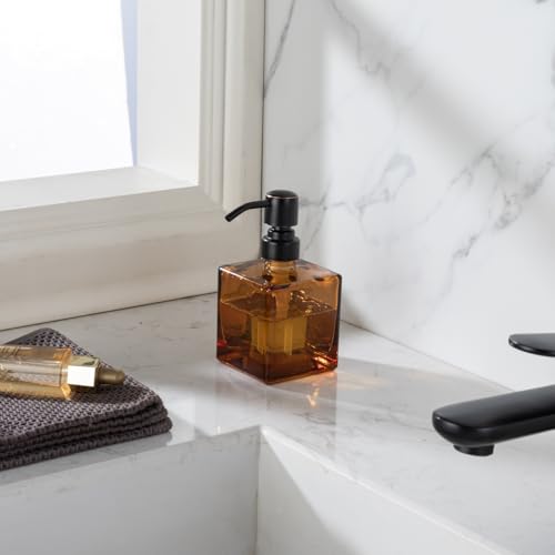 Image of Square Bathroom Soap Dispenser Amber Bottle with Oil Rubbed Bronze Pump, Retangle Cube 8.4 oz Glass Bottles with Stainless Steel Pump Hand Liquid Soap Dispenser Kitchen