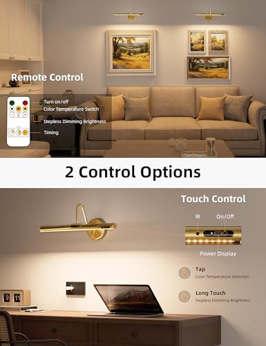 VOLISUN Picture Lights for Wall, 15.7'' Rechargeable Picture Light Battery Operated, 3 Color Temps Cordless Picture Light with Remote, Magnetic Art Light for Painting, Gallery, Portrait, 1 Pack(Brass)