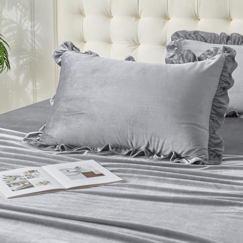 Image of Velvet Plush Flannel Sheet Set - Full Size 4-Piece - Ruffled Edge Design, 16 Inch Deep Pocket, Anti-Pilling & Fade Resistant - 220 GSM Breathable Luxury All-Season Bedding, Gray