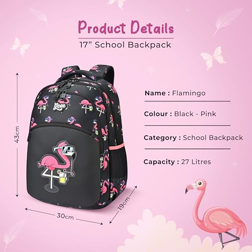 Image of Gear Flamingo 17 inch /27L Large Water Resistant School Bag | Casual Backpack | Daypack | Travel Backpack | Kids Bag for Boys /Girls (Black - Pink)