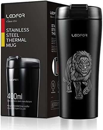 LEIDFOR Coffee Mug, Vacuum Insulated Travel Tumbler With Spill Proof Lid, Stainless Steel Thermal Cup16 oz Black Lion