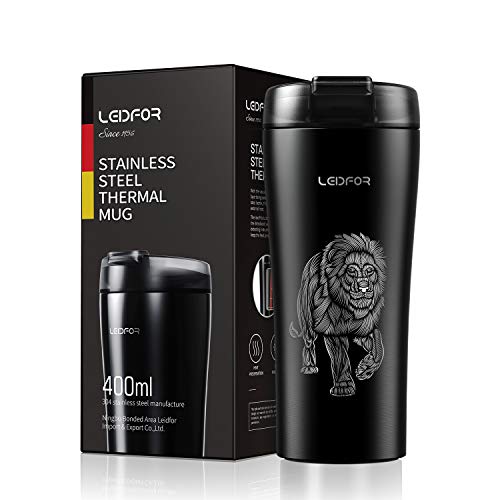 Leidfor Coffee Mug, Vacuum Insulated Travel Tumbler With Spill Proof Lid, Stainless Steel Thermal Cup16 Oz Black Lion #TOP18