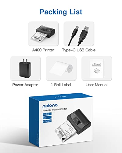 Polono A400 Bluetooth Thermal Label Printer, 4X6 Label Printer For Shipping Packages Small Business, Bluetooth Shipping Label Printer For Iphone, Android & Pc, Compatible With Amazon, Ebay, Usps #TOP7