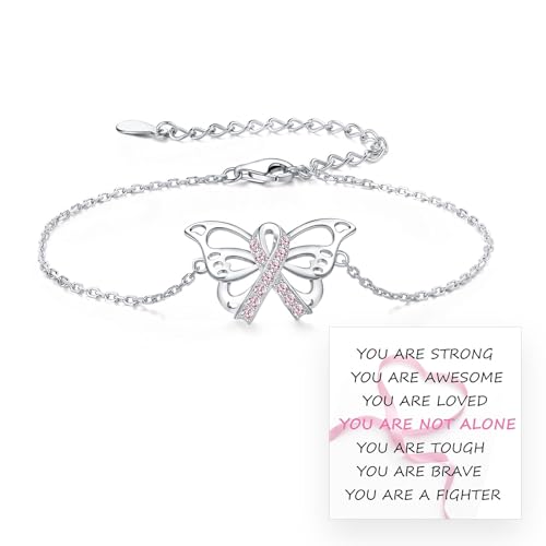 Breast Cancer Awareness Earrings 925 Sterling Silver Pink Ribbon Stud Bracelet Necklace Jewelry Survivor Gifts for Women