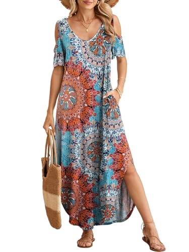 Image of BELAROI Womens Cold Shoulder Maxi Dress Plus Size V Neck Summer Sundresses with Pockets Beach Coverup Vacation Outfits