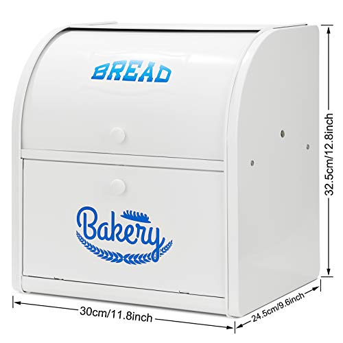 2 Layer Metal Bread Boxes, Bread Box Storage Bin Kitchen Container With Roll Top Lid Iron Countertop Containers Metal Food Storage Bread Keeper Large Capacity Home Kitchen Counter, White #TOP3