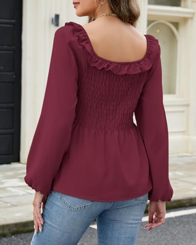Womens Puff Long Sleeve Babydoll Tops Square Neck Ruffle Peplum Blouse Smocked Loose Fit Tunic Top Dressy Tee Shirts3