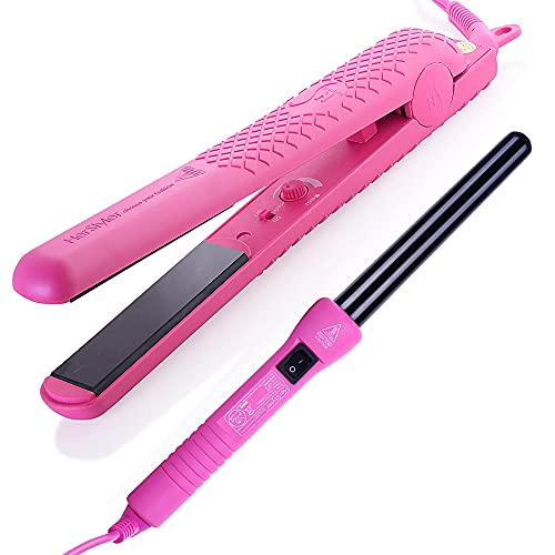 HerStyler Ceramic Hair Straightener Curling Iron Set - 1 Inch Dual Voltage Hair Curler Flat iron - One Inch Tourmaline Hair Straightening Curling Wand Set with Negative Ion Technology - Hair Tool Set for All Hair Types - Pink