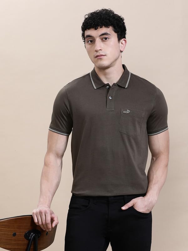 Image of CROCODILE Men Solid Slim Fit Polo T-Shirt | Regular Length | Short Sleeve | Button Placket | Casual Knitted Topwear